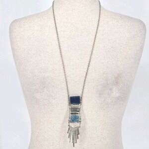 Boho Long Pendant Necklace Blue Faux Turquoise Silver Tone Fringe Statement